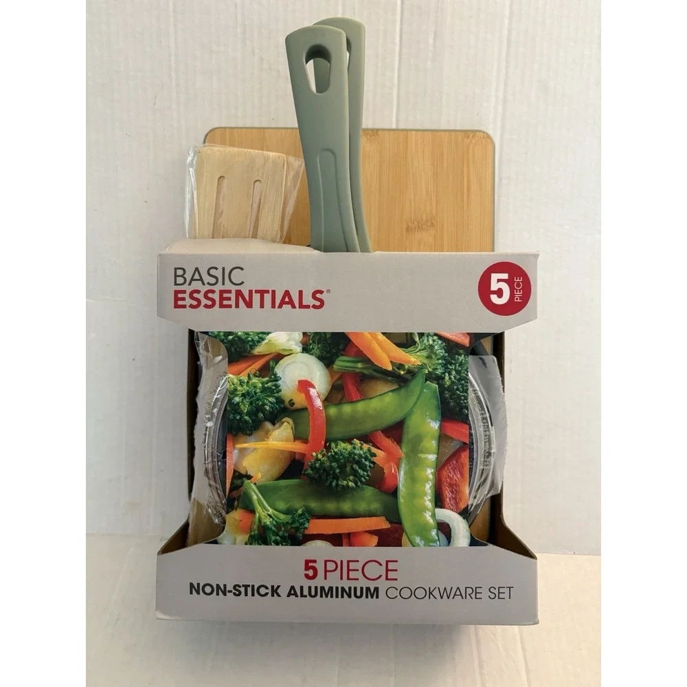 Basic Essentials 5 Pc. Non-Stick Aluminum Cookware Set Cool Touch Handles Green